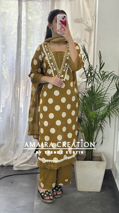 Premium Cotton Mustard Color Polka Dot A line Set