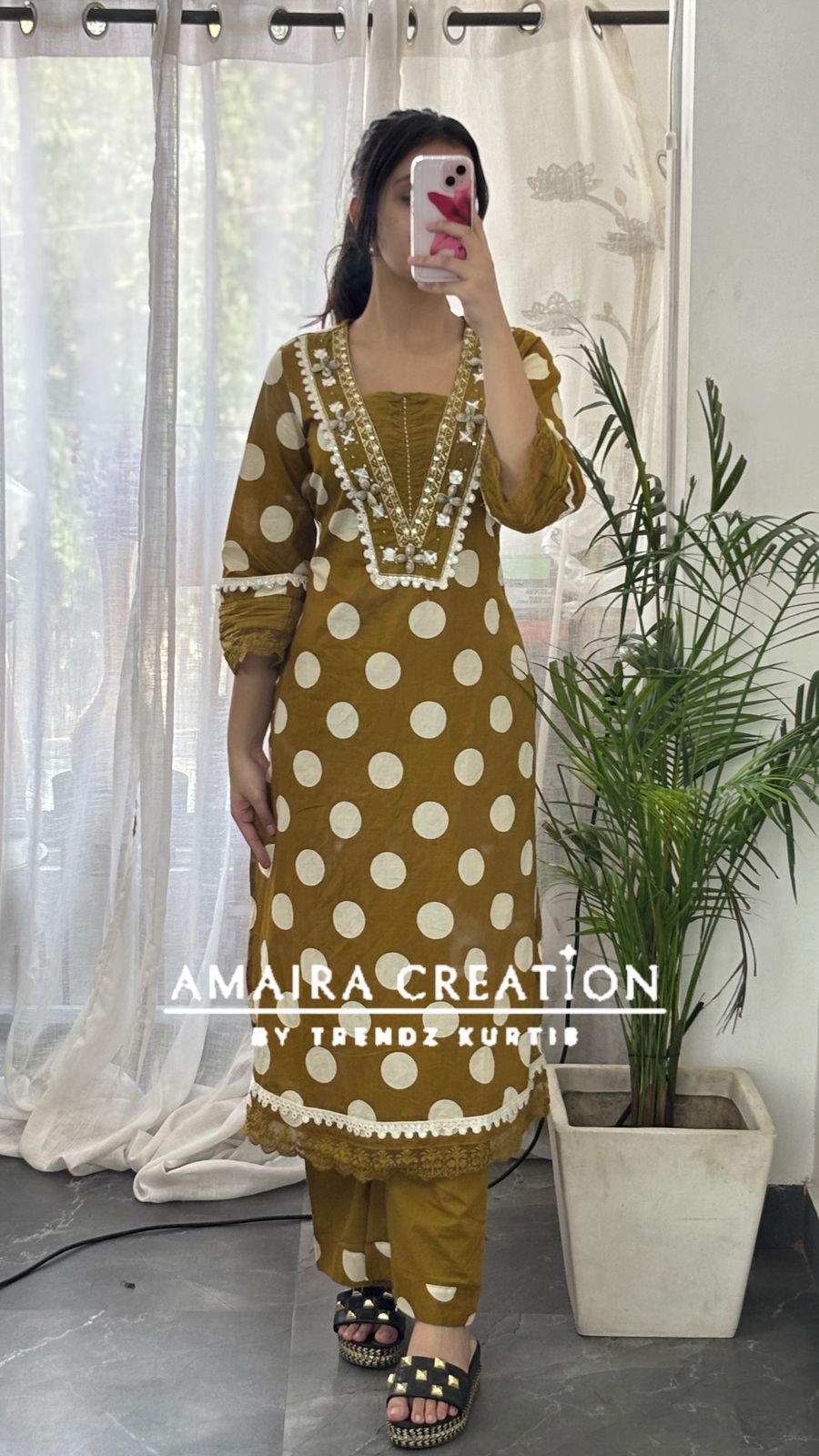 Premium Cotton Mustard Color Polka Dot A line Set
