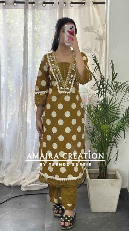 Premium Cotton Mustard Color Polka Dot A line Set