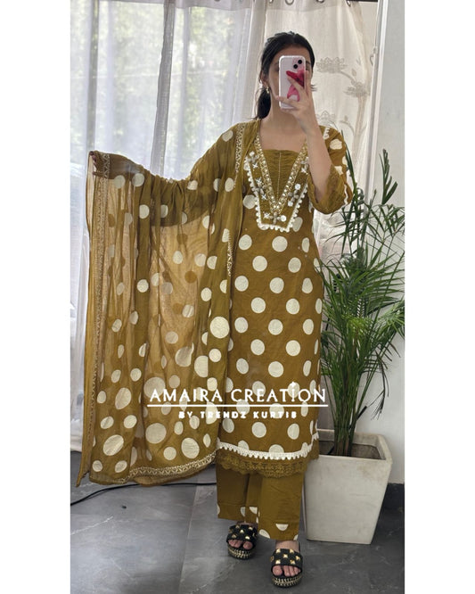 Premium Cotton Mustard Color Polka Dot A line Set