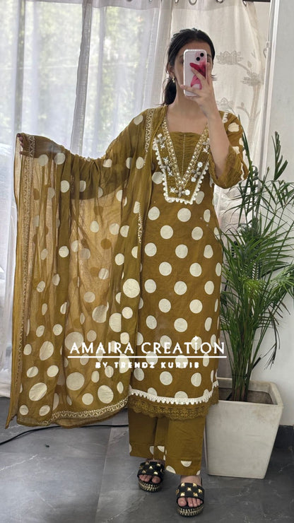 Premium Cotton Mustard Color Polka Dot A line Set