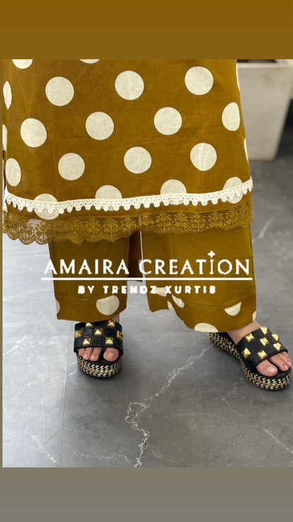 Premium Cotton Mustard Color Polka Dot A line Set
