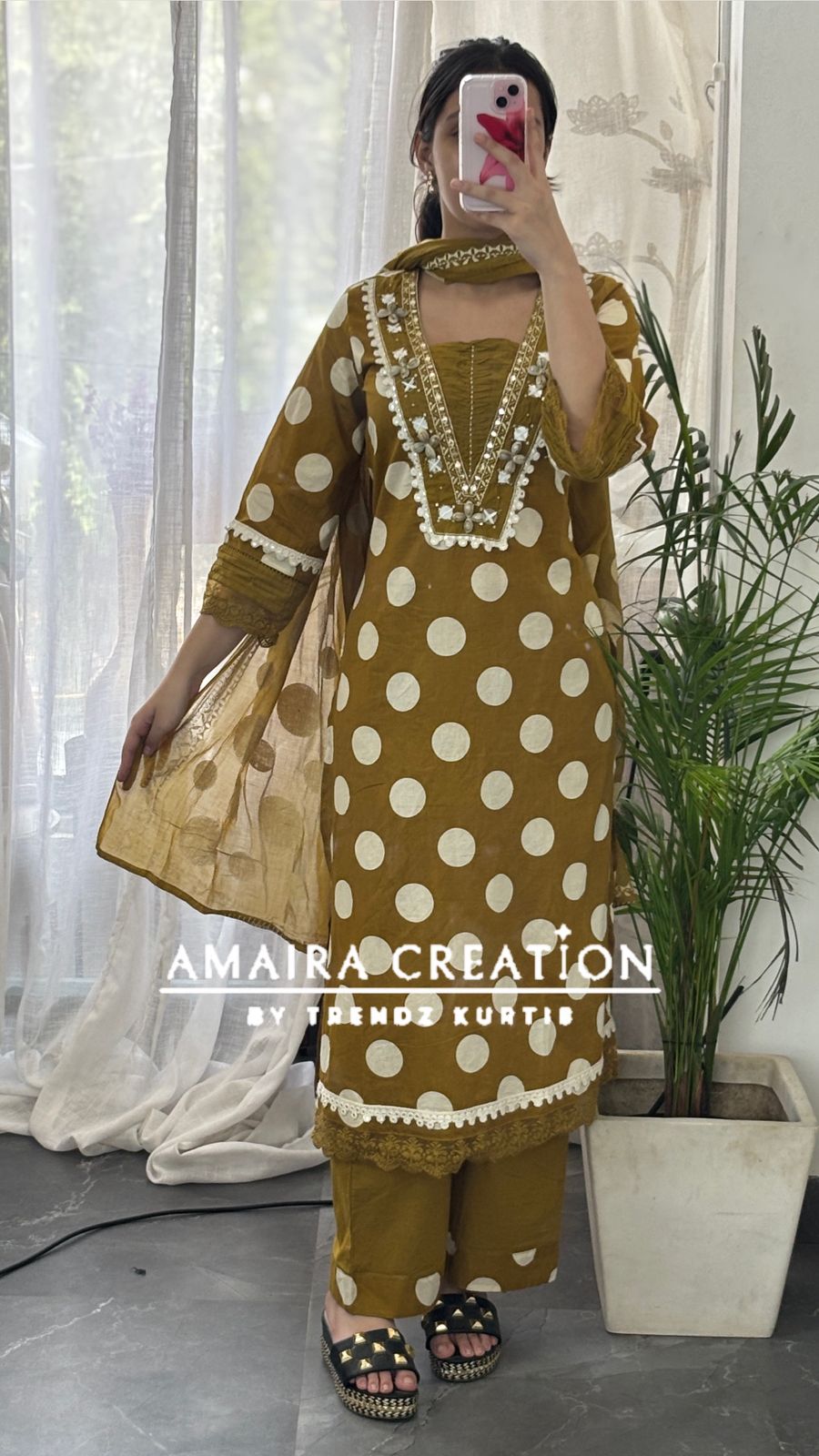Premium Cotton Mustard Color Polka Dot A line Set