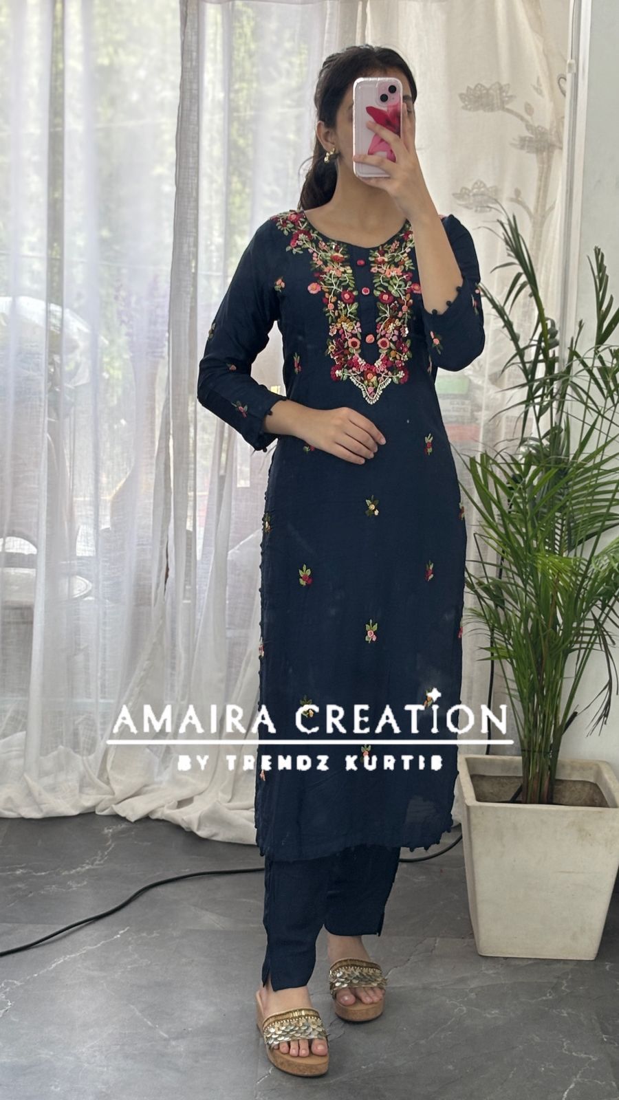 Premium Dola Silk Color Thread Embroidered Pant Set