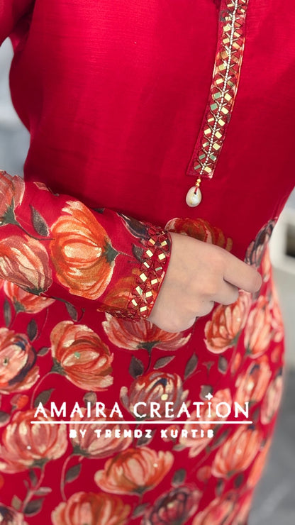 Premium Chinnon Red Floral Cord Set