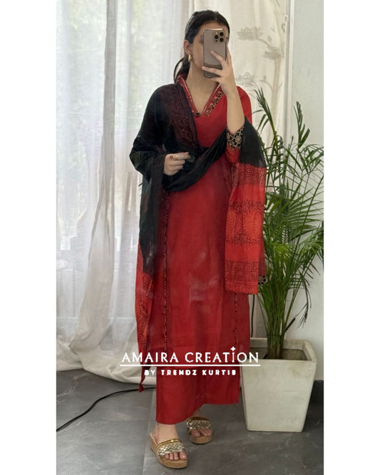 Premium Muslin Rust Color A line Set With Beautiful Embroidery Pocket Detailing
