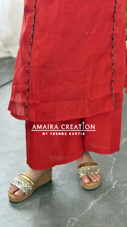 Premium Muslin Rust Color A line Set With Beautiful Embroidery Pocket Detailing