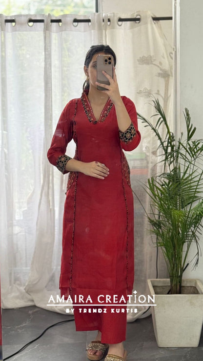 Premium Muslin Rust Color A line Set With Beautiful Embroidery Pocket Detailing