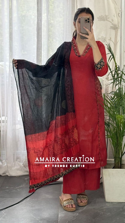 Premium Muslin Rust Color A line Set With Beautiful Embroidery Pocket Detailing