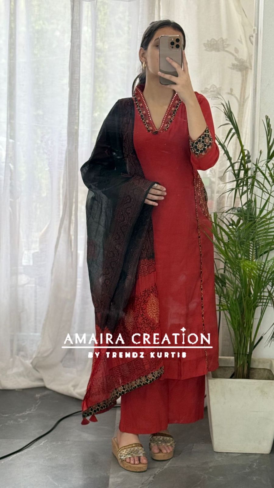 Premium Muslin Rust Color A line Set With Beautiful Embroidery Pocket Detailing