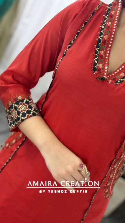 Premium Muslin Rust Color A line Set With Beautiful Embroidery Pocket Detailing