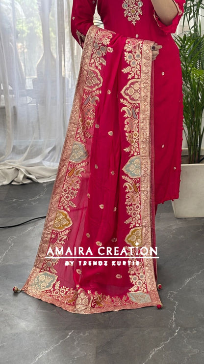 Premium Dola Silk Magenta Royal Handwork With Beautiful Banarasi Dupatta