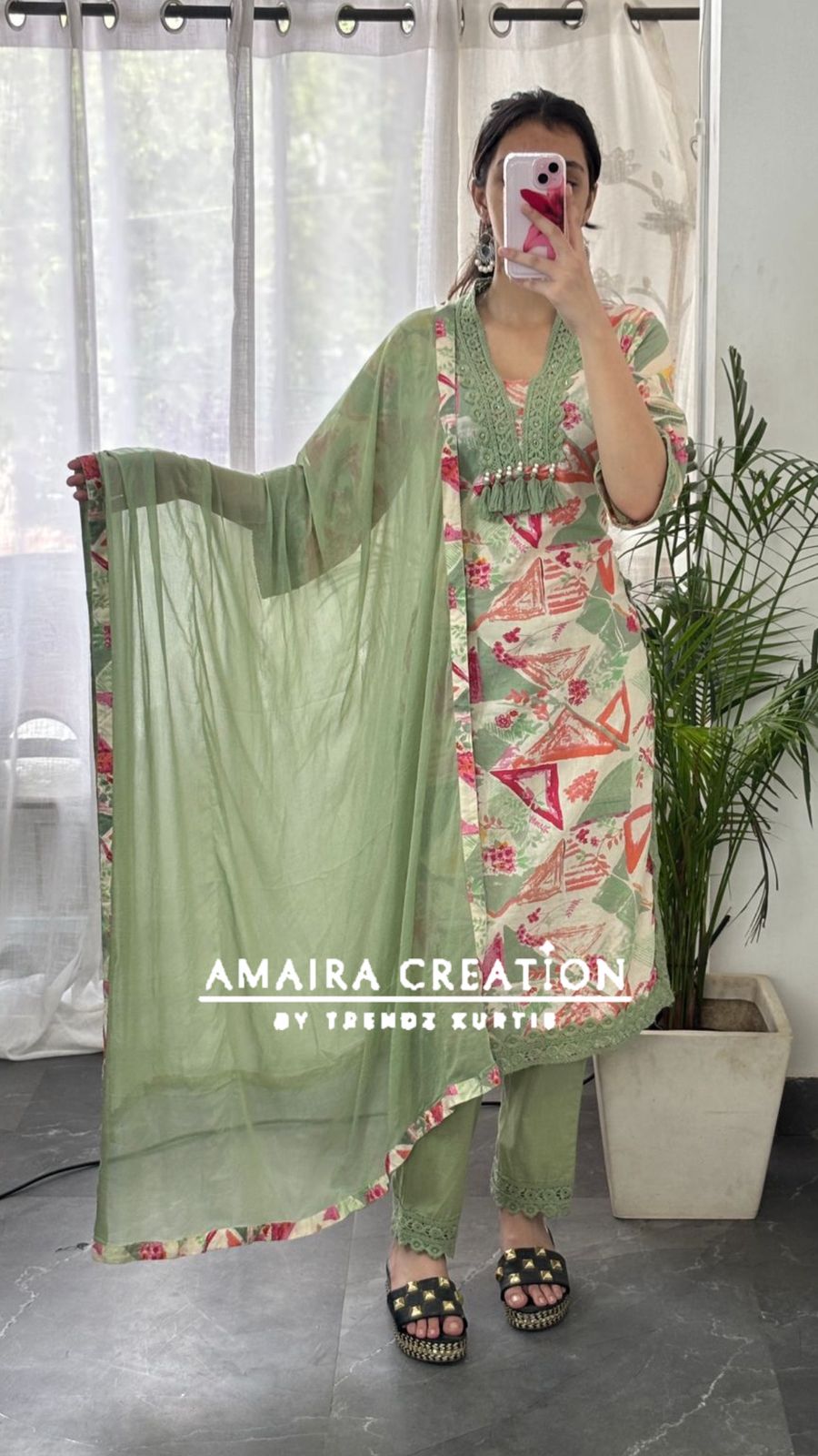 Premium Cotton Light Green Color  Designer Suit Set