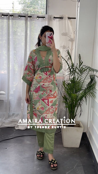 Premium Cotton Light Green Color  Designer Suit Set