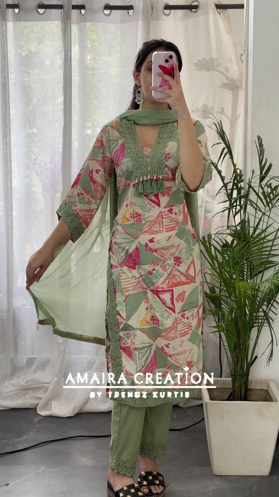 Premium Cotton Light Green Color  Designer Suit Set
