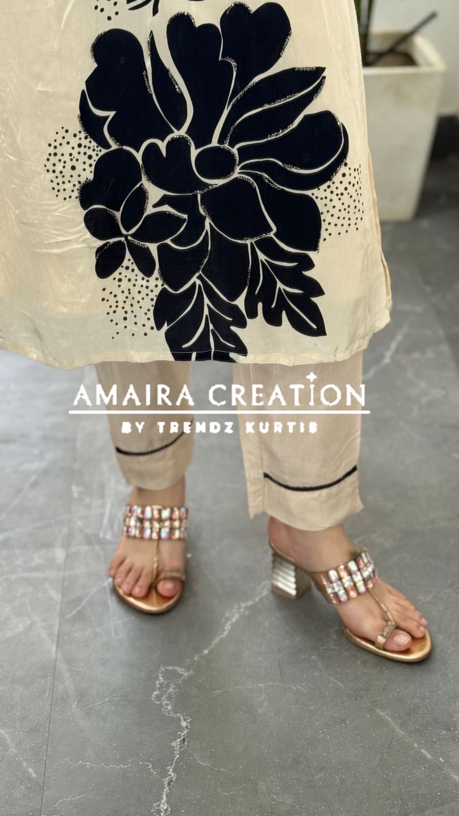 Premium Crepe Cream & Black Pant Set