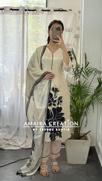 Premium Crepe Cream & Black Pant Set