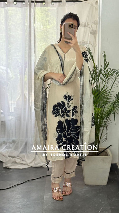 Premium Crepe Cream & Black Pant Set