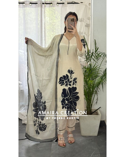 Premium Crepe Cream & Black Pant Set