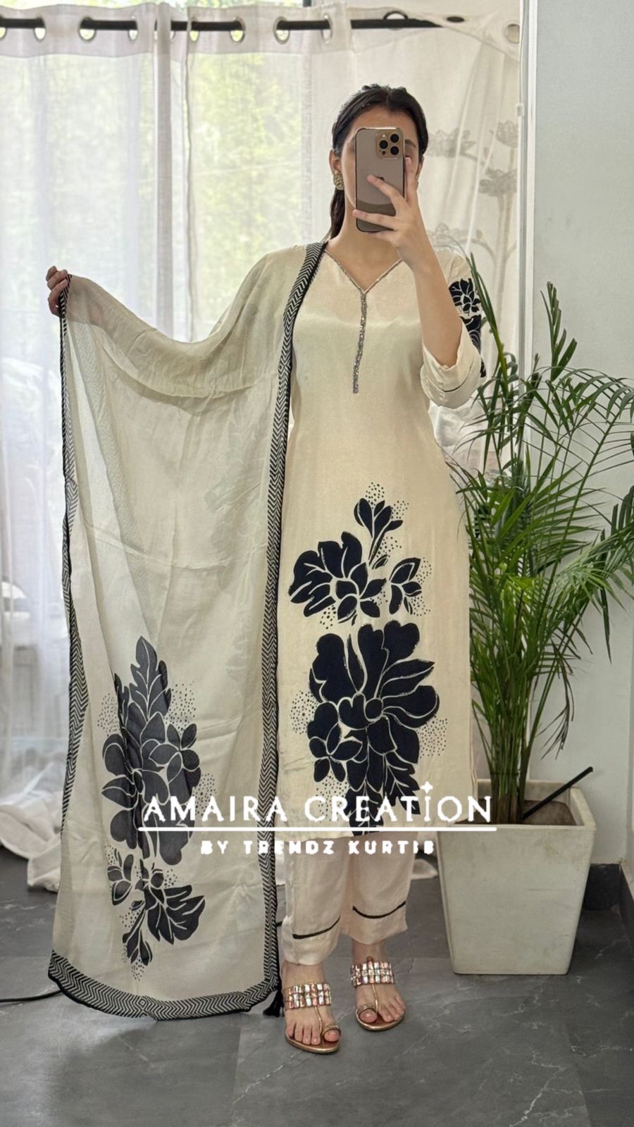 Premium Crepe Cream & Black Pant Set