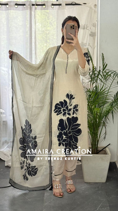 Premium Crepe Cream & Black Pant Set
