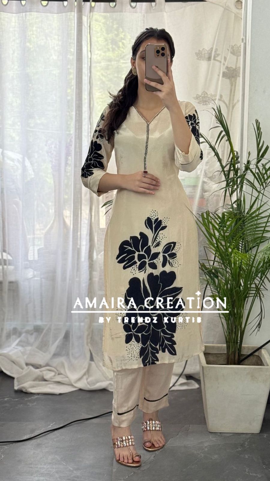 Premium Crepe Cream & Black Pant Set