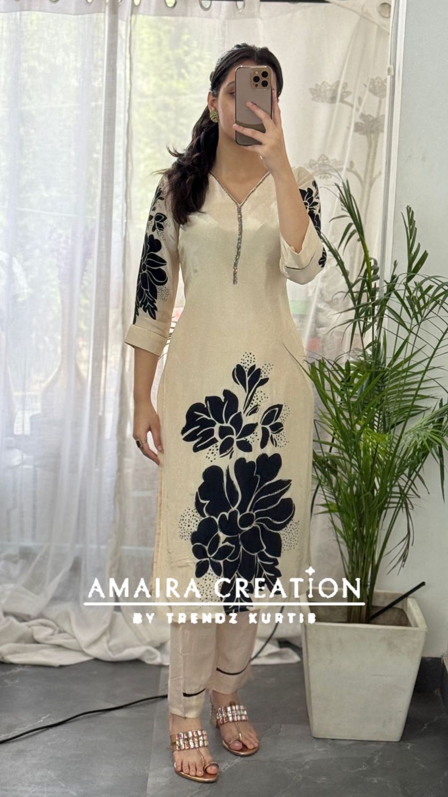 Premium Crepe Cream & Black Pant Set