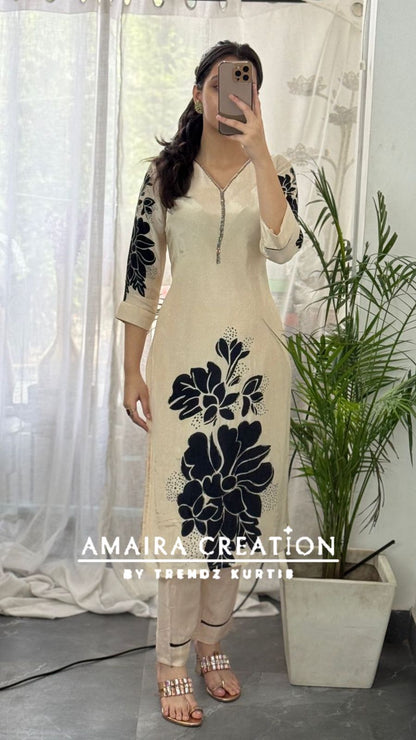 Premium Crepe Cream & Black Pant Set
