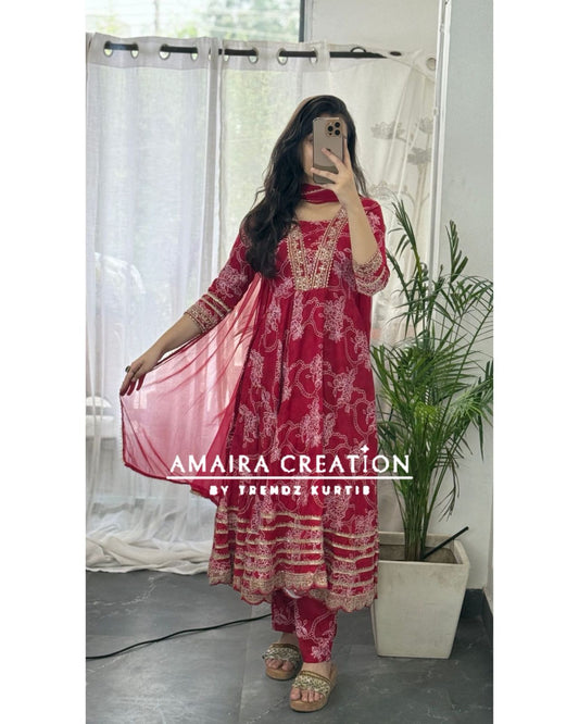 Premium Reyon Red Color Anarkali Set