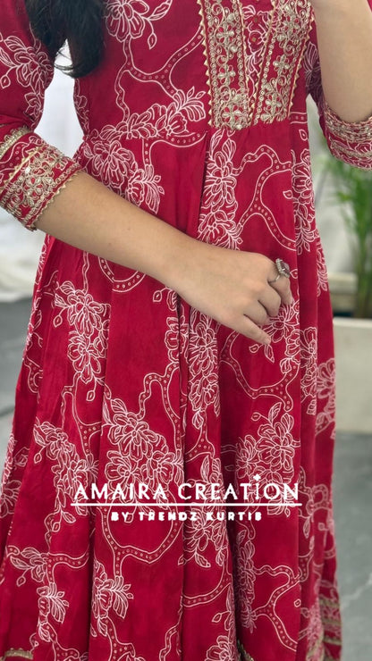 Premium Reyon Red Color Anarkali Set