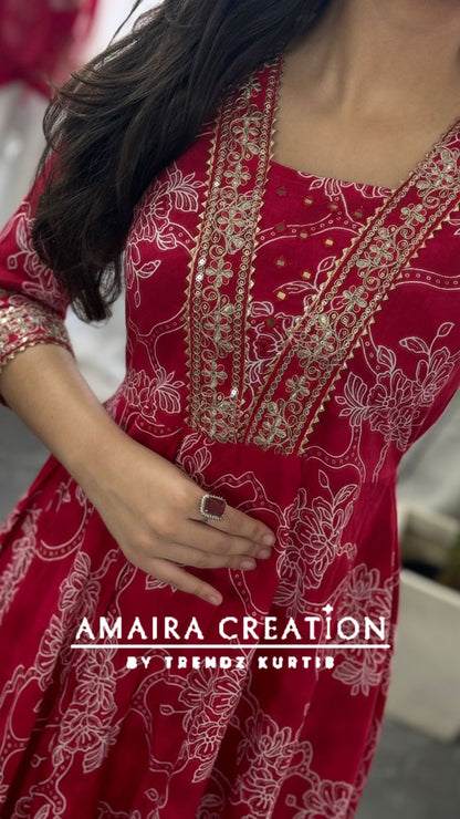 Premium Reyon Red Color Anarkali Set