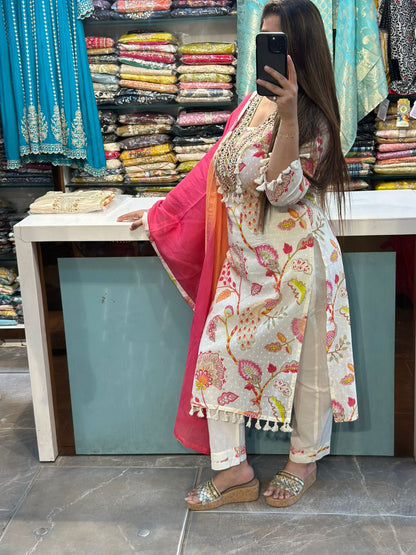 Premium Cotton Cream Cotton Pant Set With Beautiful Lace Detailing