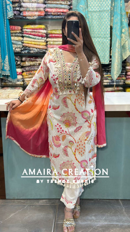 Premium Cotton Cream Cotton Pant Set With Beautiful Lace Detailing