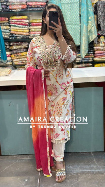 Premium Cotton Cream Cotton Pant Set With Beautiful Lace Detailing