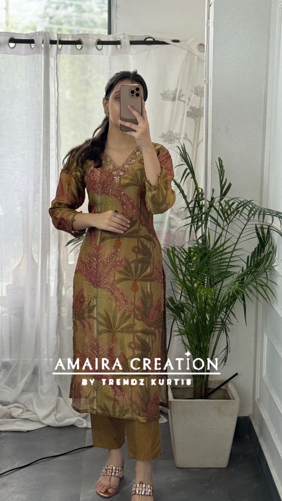 Premium Glass Tissue Mehendi colour Pant Set