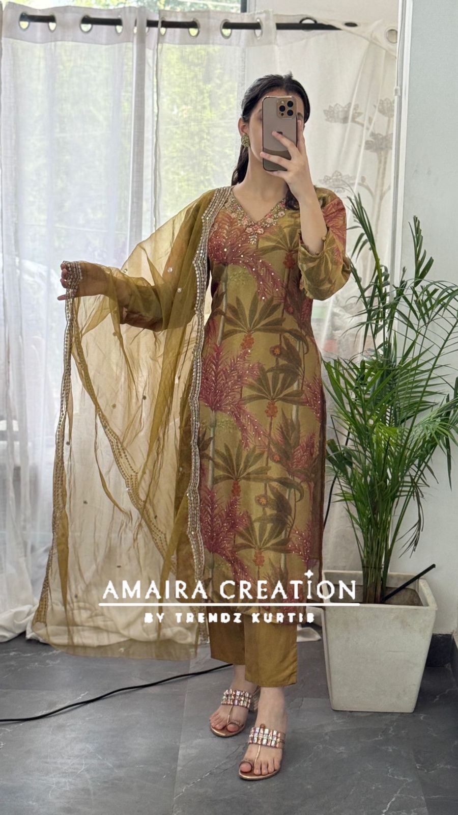 Premium Glass Tissue Mehendi colour Pant Set