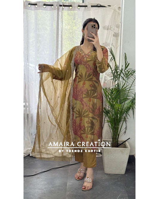 Premium Glass Tissue Mehendi colour Pant Set