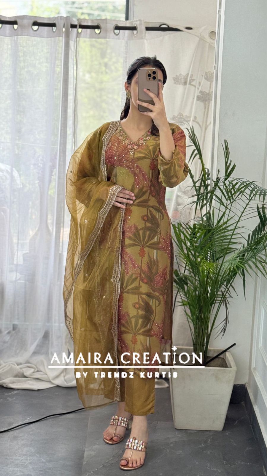 Premium Glass Tissue Mehendi colour Pant Set