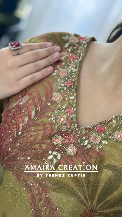 Premium Glass Tissue Mehendi colour Pant Set