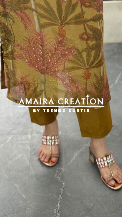 Premium Glass Tissue Mehendi colour Pant Set