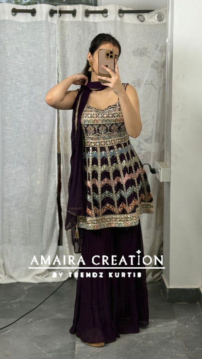Strap Pattern Thread Embroidered Sharara Set(16 Inches Sleeves Available)