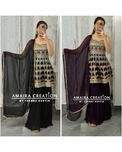 Strap Pattern Thread Embroidered Sharara Set(16 Inches Sleeves Available)