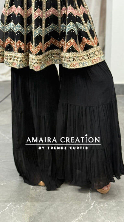 Strap Pattern Thread Embroidered Sharara Set(16 Inches Sleeves Available)