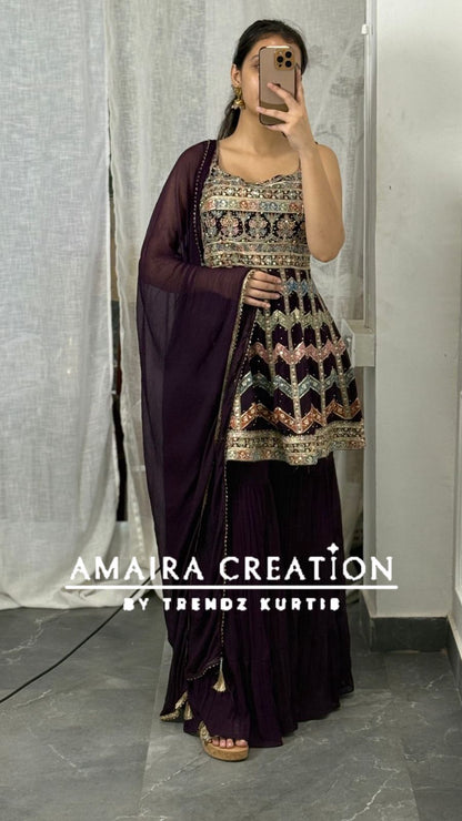 Strap Pattern Thread Embroidered Sharara Set(16 Inches Sleeves Available)