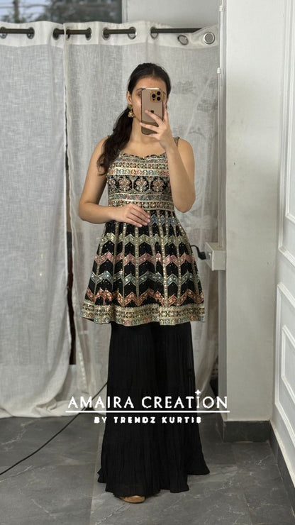 Strap Pattern Thread Embroidered Sharara Set(16 Inches Sleeves Available)