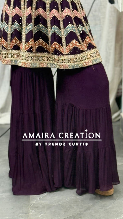 Strap Pattern Thread Embroidered Sharara Set(16 Inches Sleeves Available)