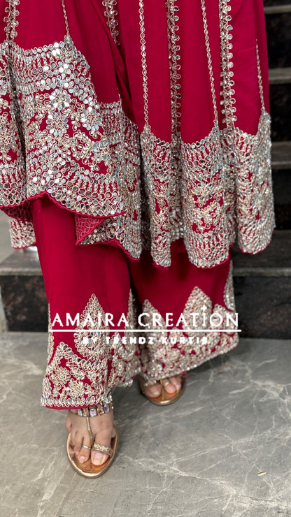 Red Georgette Heavy Embroidered Full Mirror Pasting Anarkali Plazo Suit With Organza Embroidered Dupatta