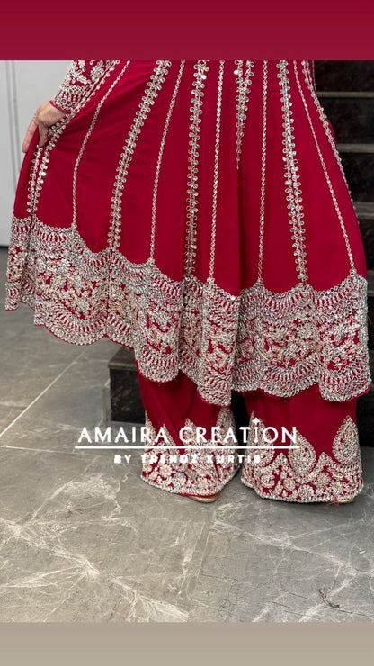 Red Georgette Heavy Embroidered Full Mirror Pasting Anarkali Plazo Suit With Organza Embroidered Dupatta