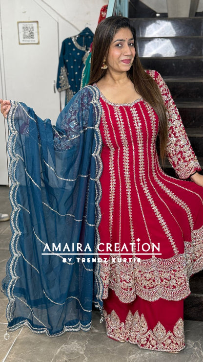 Red Georgette Heavy Embroidered Full Mirror Pasting Anarkali Plazo Suit With Organza Embroidered Dupatta