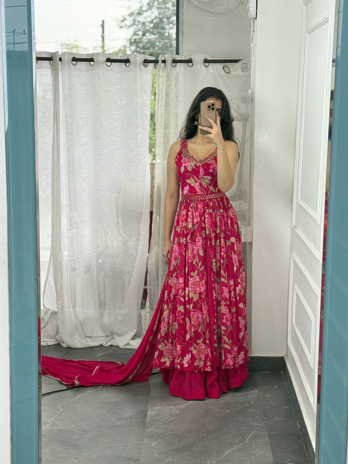 Premium Chinnon Floral Print Centre Slit Skirt Set(17 inches sleeves available)